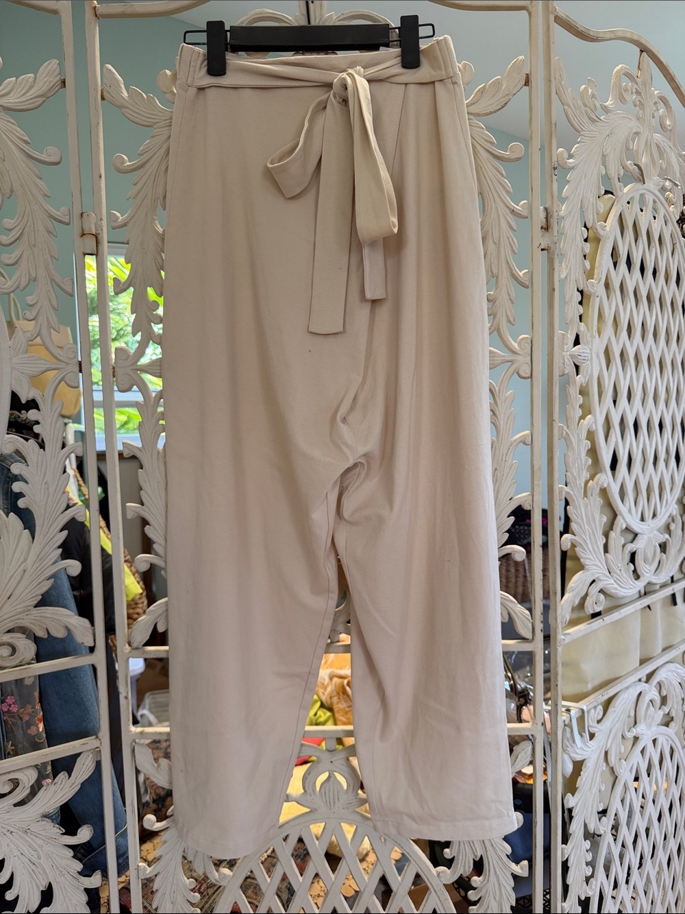 Women’s Cream High-Waist/ Drop Crotch/ Tie Pants